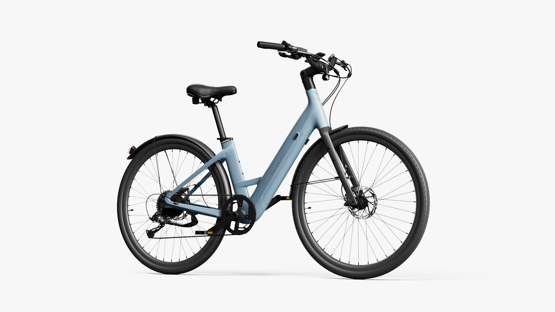 Light blue electric bicycle on a white background