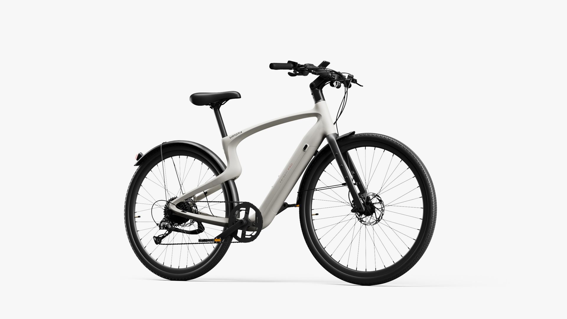 White electric bicycle on a plain light background, shown in side view