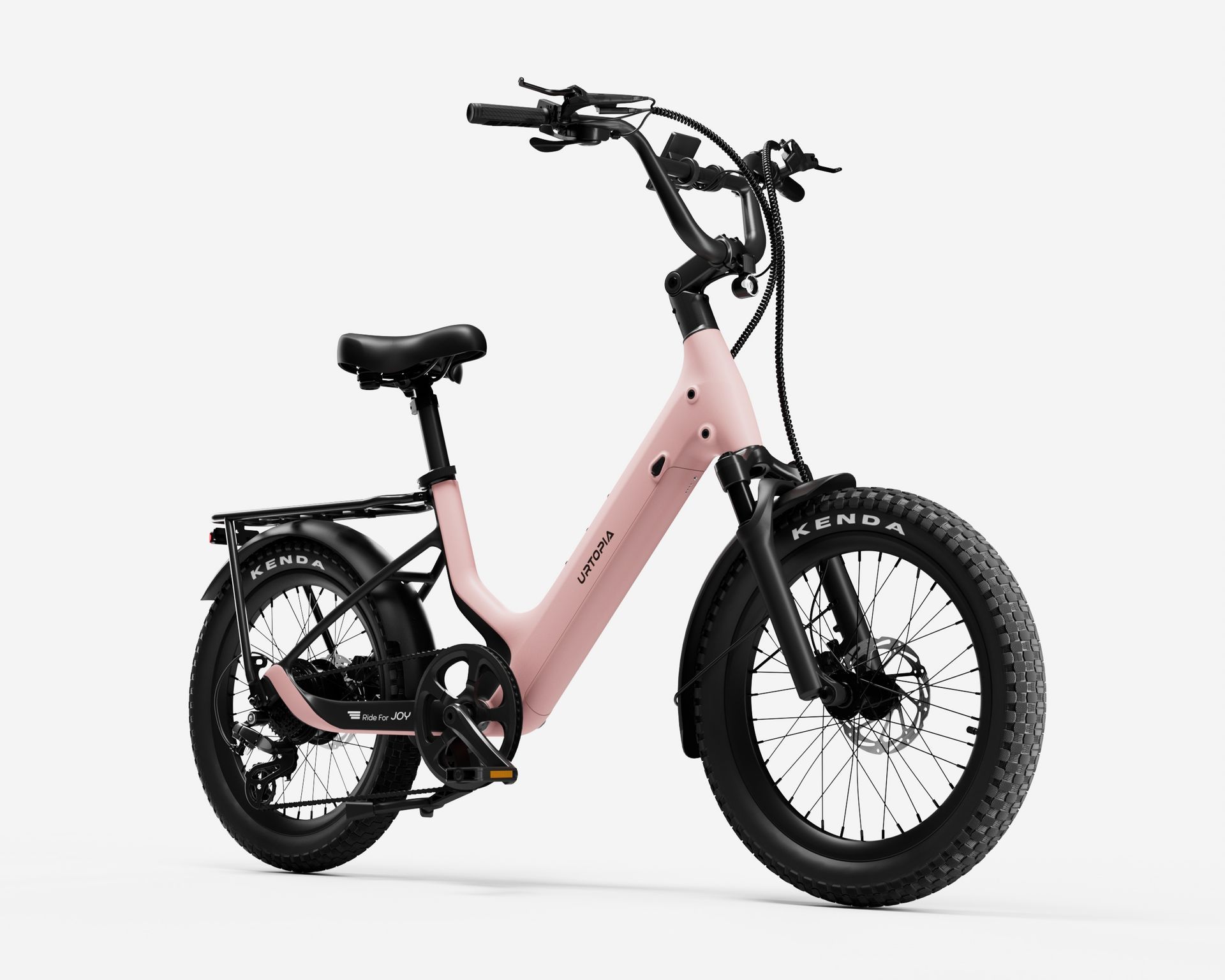 Pink electric fat-tire bicycle on a white background