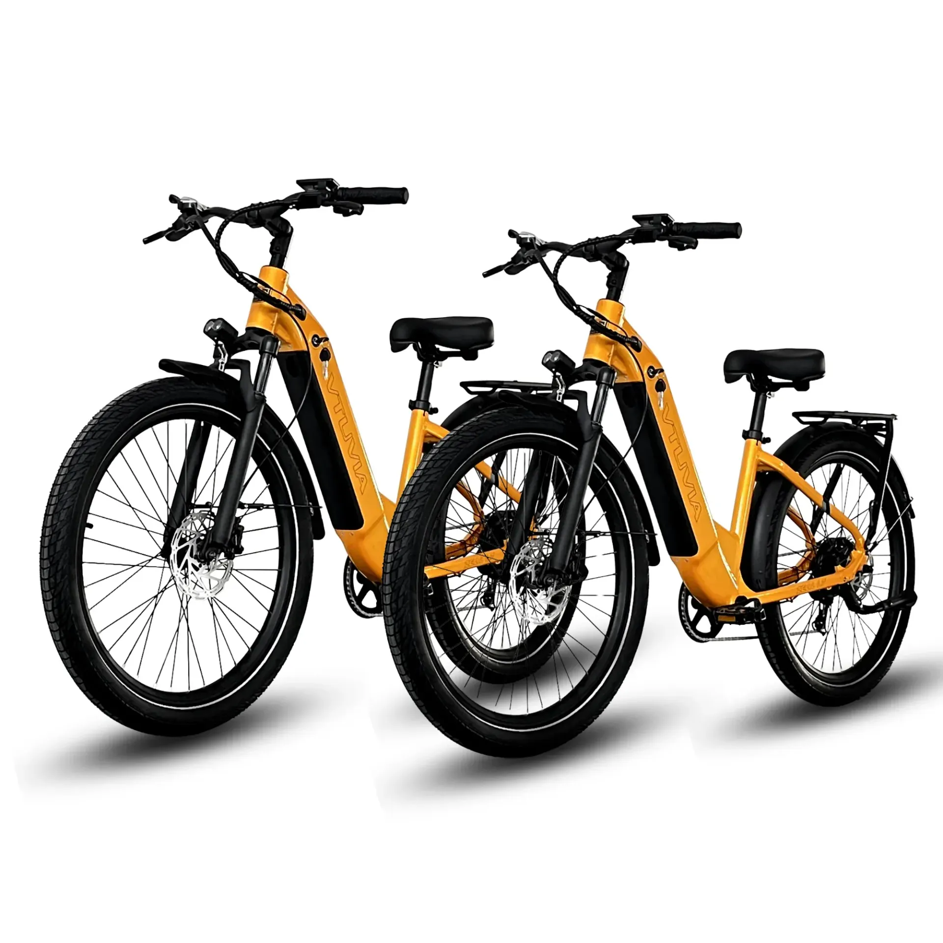 Two orange folding electric bikes with black accents on a white background