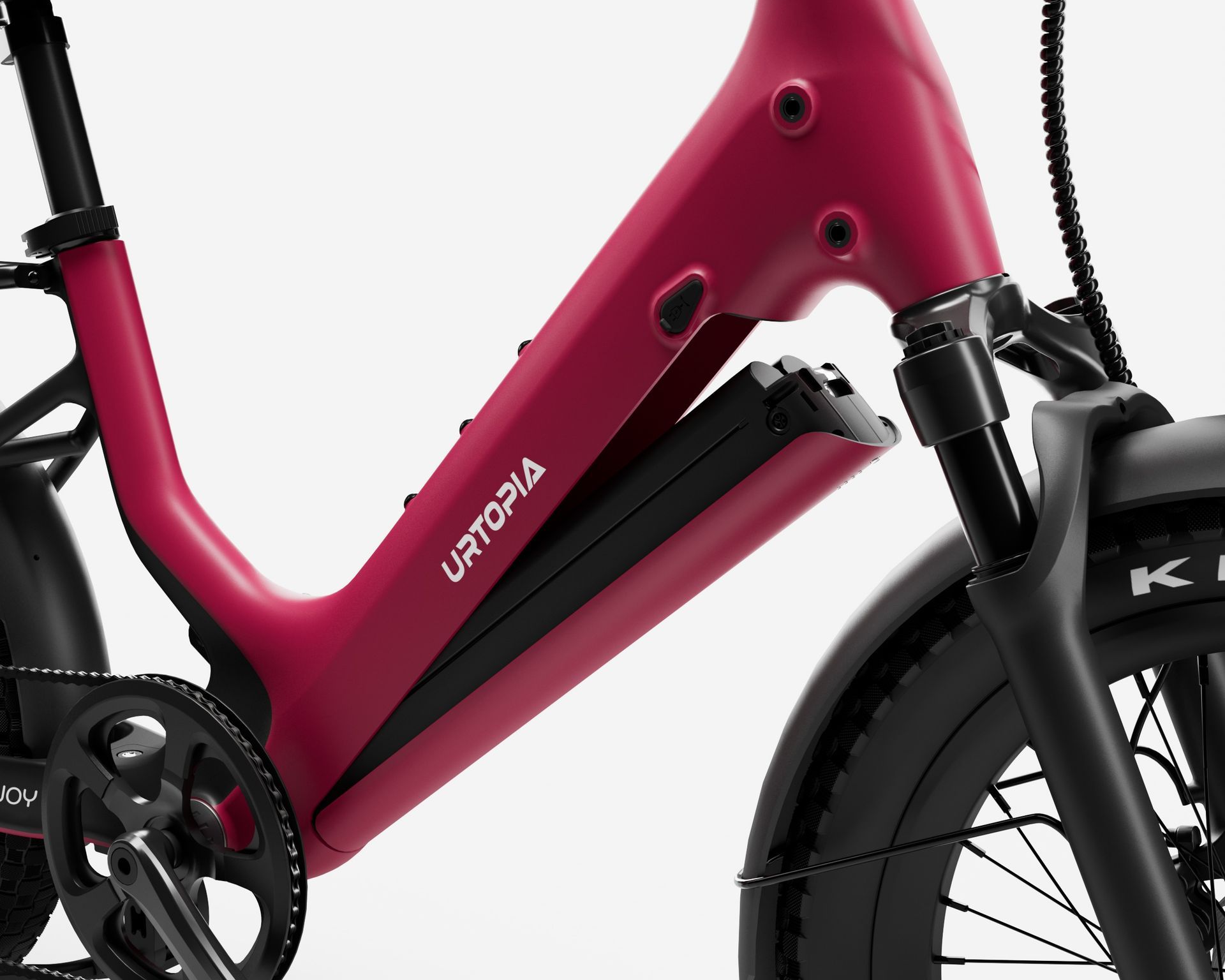 Magenta electric bicycle frame with battery pack and front wheel on white background