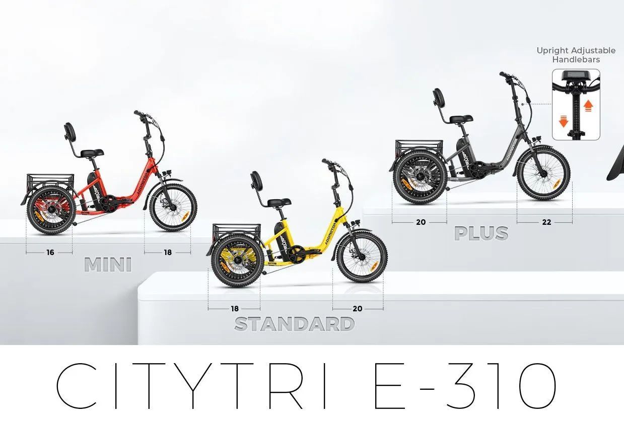 Three foldable e-bikes in red, yellow, and white on white pedestals, labeled MINI, STANDARD, and PLUS.