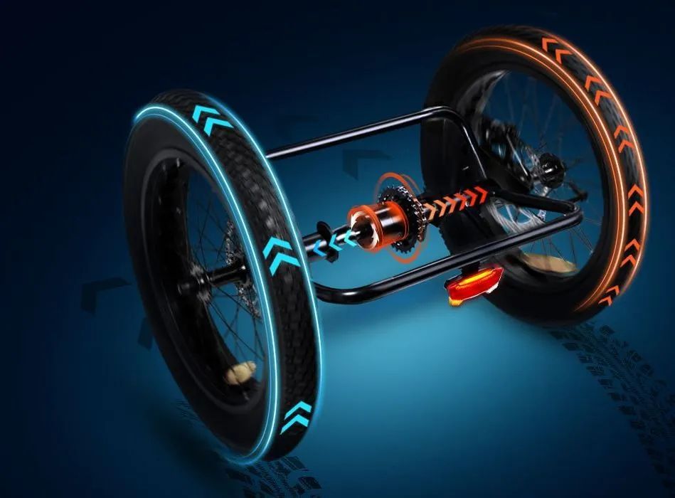 Futuristic electric drivetrain with glowing blue and orange wheels on a dark blue background