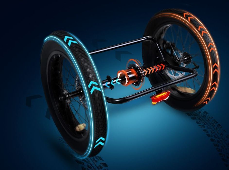 Futuristic electric scooter chassis with glowing blue and orange wheel accents on a dark blue background