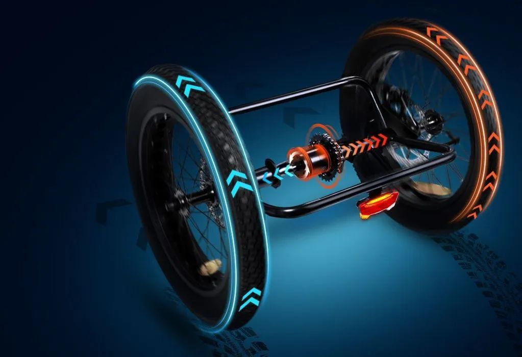 Glowing futuristic bicycle wheel assembly with blue and orange neon accents on a dark background