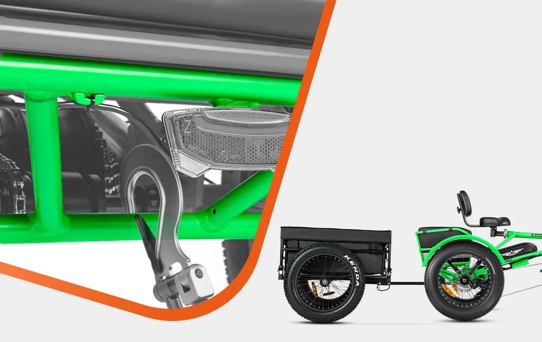 Electric cargo bike with bright green frame, shown in close-up and side view on a white background