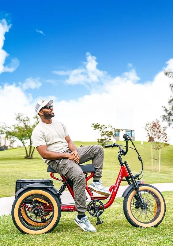 Man on a red electric tricycle with a rear cargo trailer, sitting in a grassy park under a blue sky.