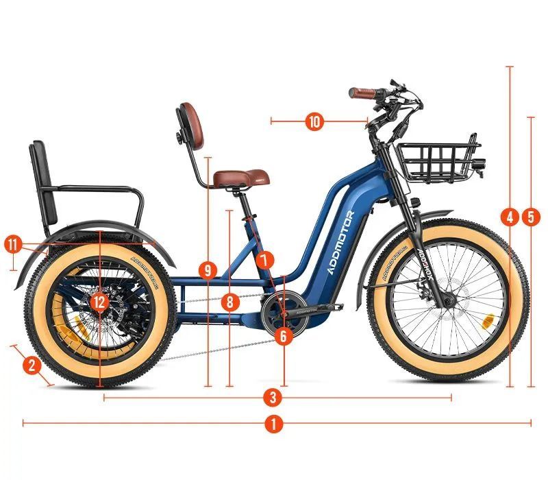 Side view of a blue and orange cargo tricycle with basket and rear passenger seat, dimension lines marked.