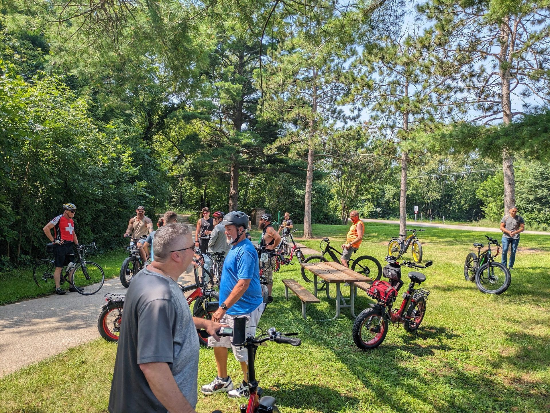 Group of cyclists with fat-tire bikes gathered on a sunny wooded trail