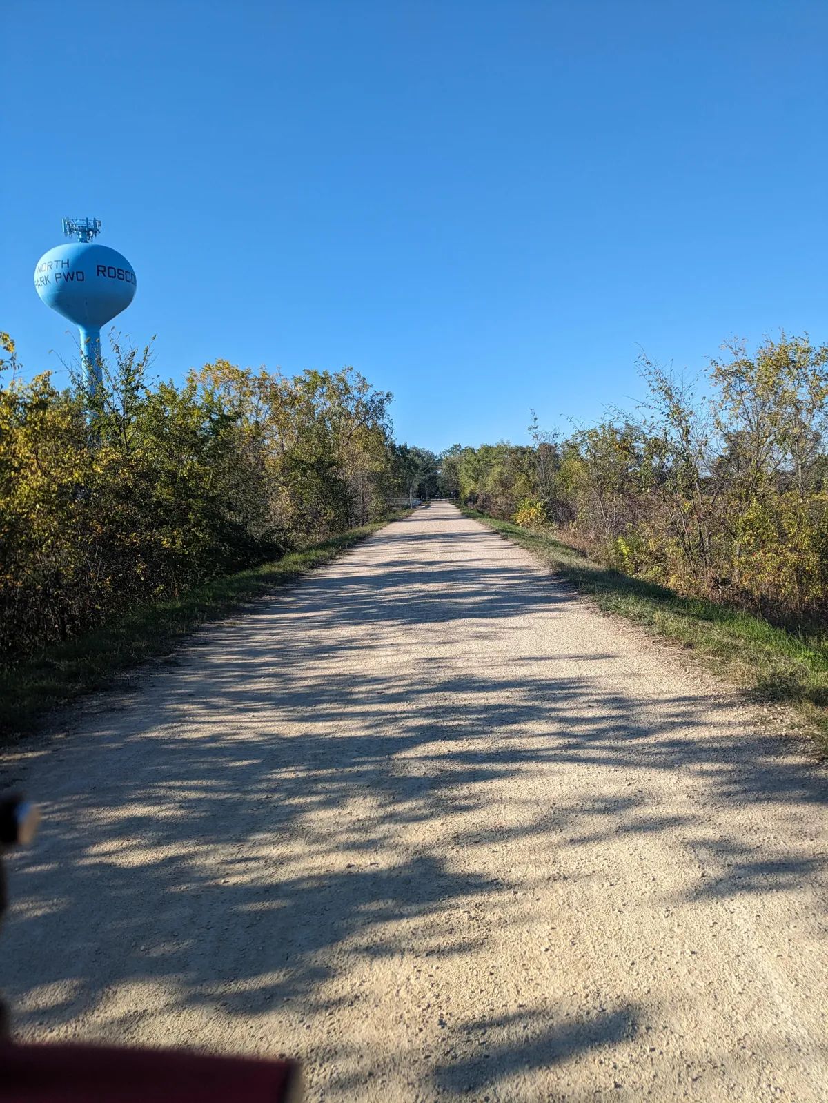 Sunny gravel path lined with brush, with a blue water tower in the distance on the left.