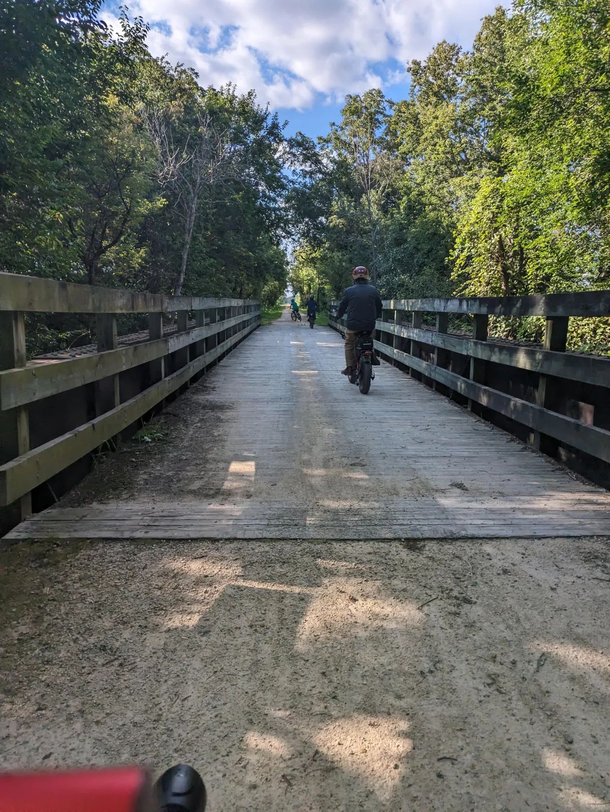 Person walking a bicycle across a wooden bridge in a wooded park under a blue sky