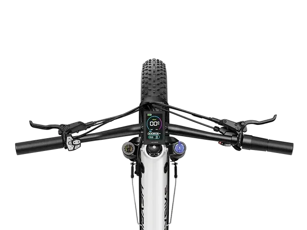 Front view of a mountain bike’s handlebars, stem, and front tire on a white background