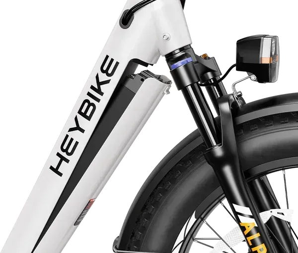 White HEBYBIKE e-bike frame with front suspension and headlight close-up