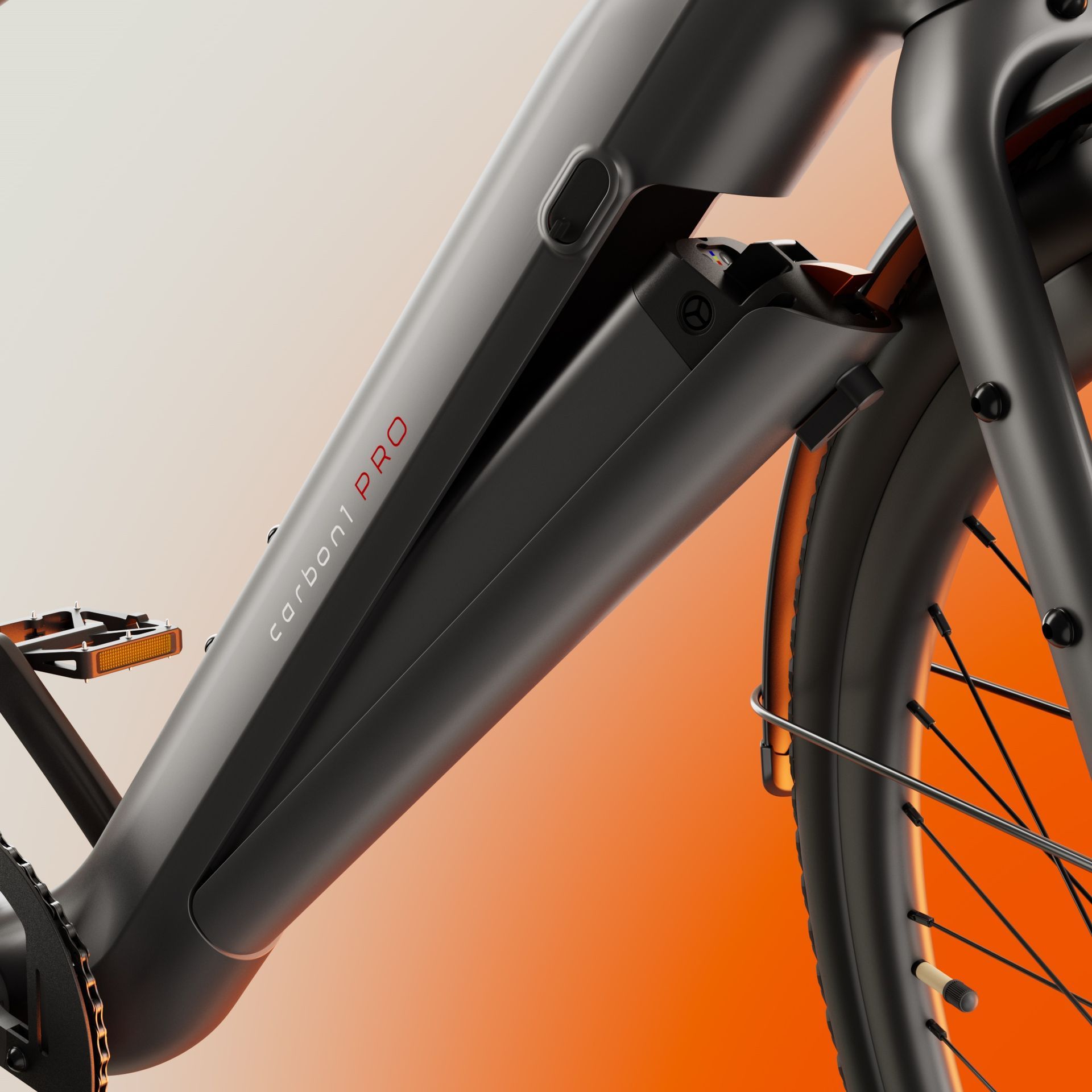 Black electric bicycle frame with battery pack and front wheel on an orange background
