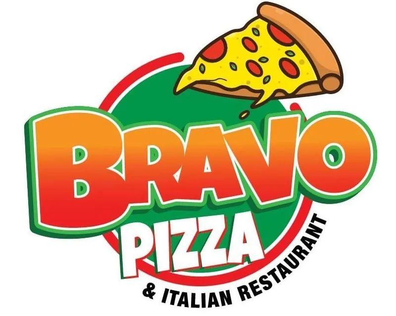 Bravo Pizza logo with a pepperoni slice above red and green text
