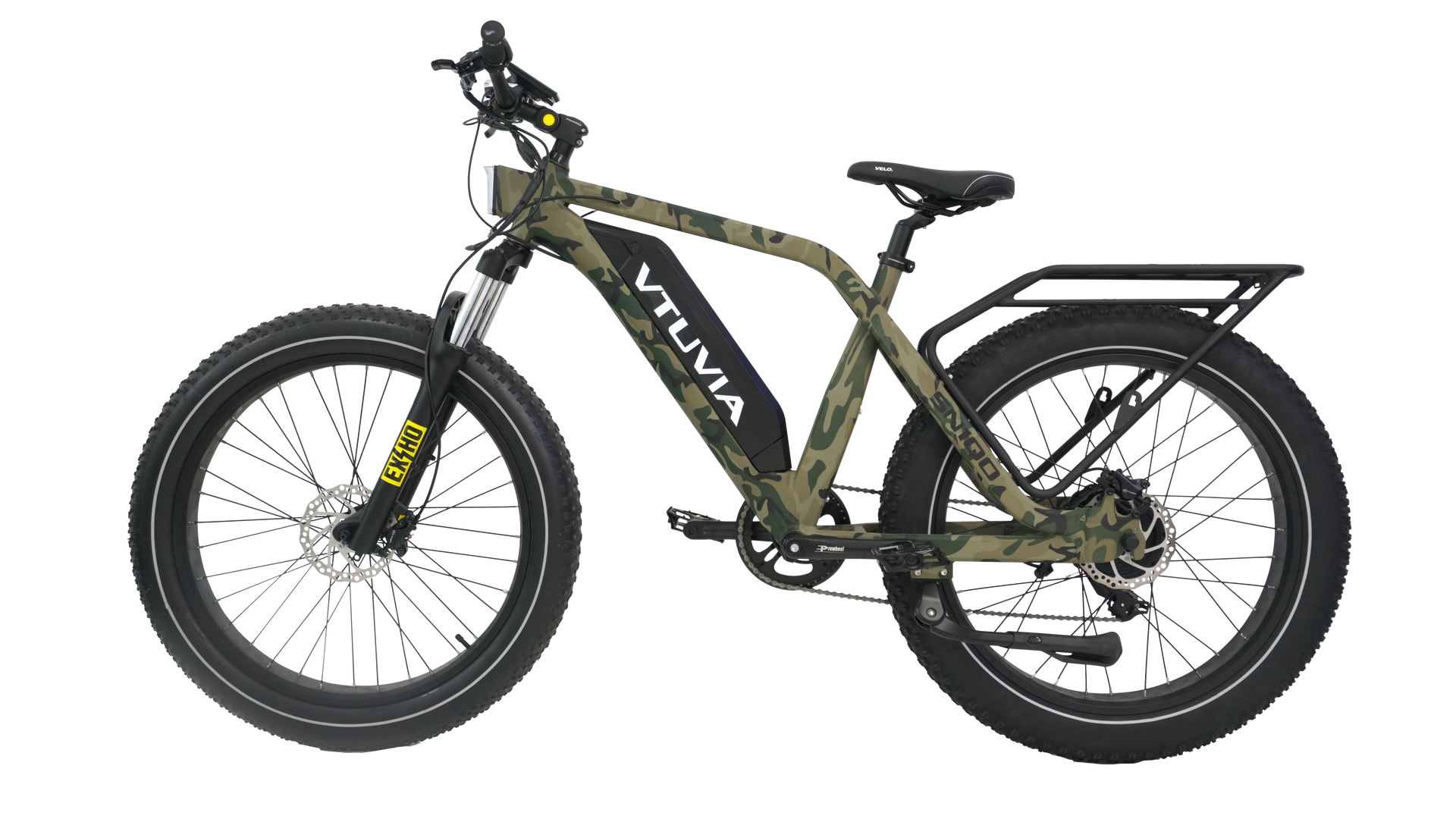 Olive-green electric bicycle with rear cargo rack, shown in side view on a white background