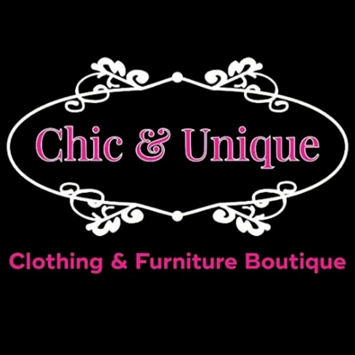 Chic & Unique boutique logo in pink text with white decorative frame on black background; Clothing & Furniture Boutique