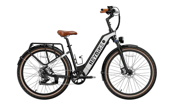 White electric bicycle with brown seat, black fenders, and rear cargo rack on a white background