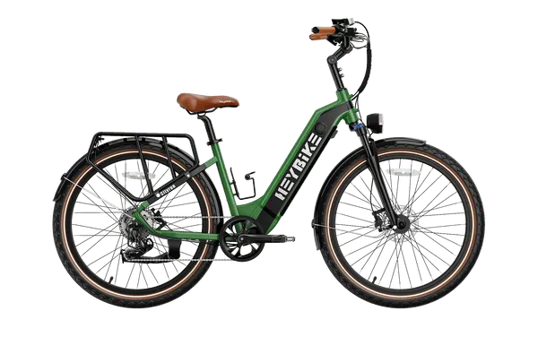 Green electric cargo bicycle with brown seat and black rear rack on a white background