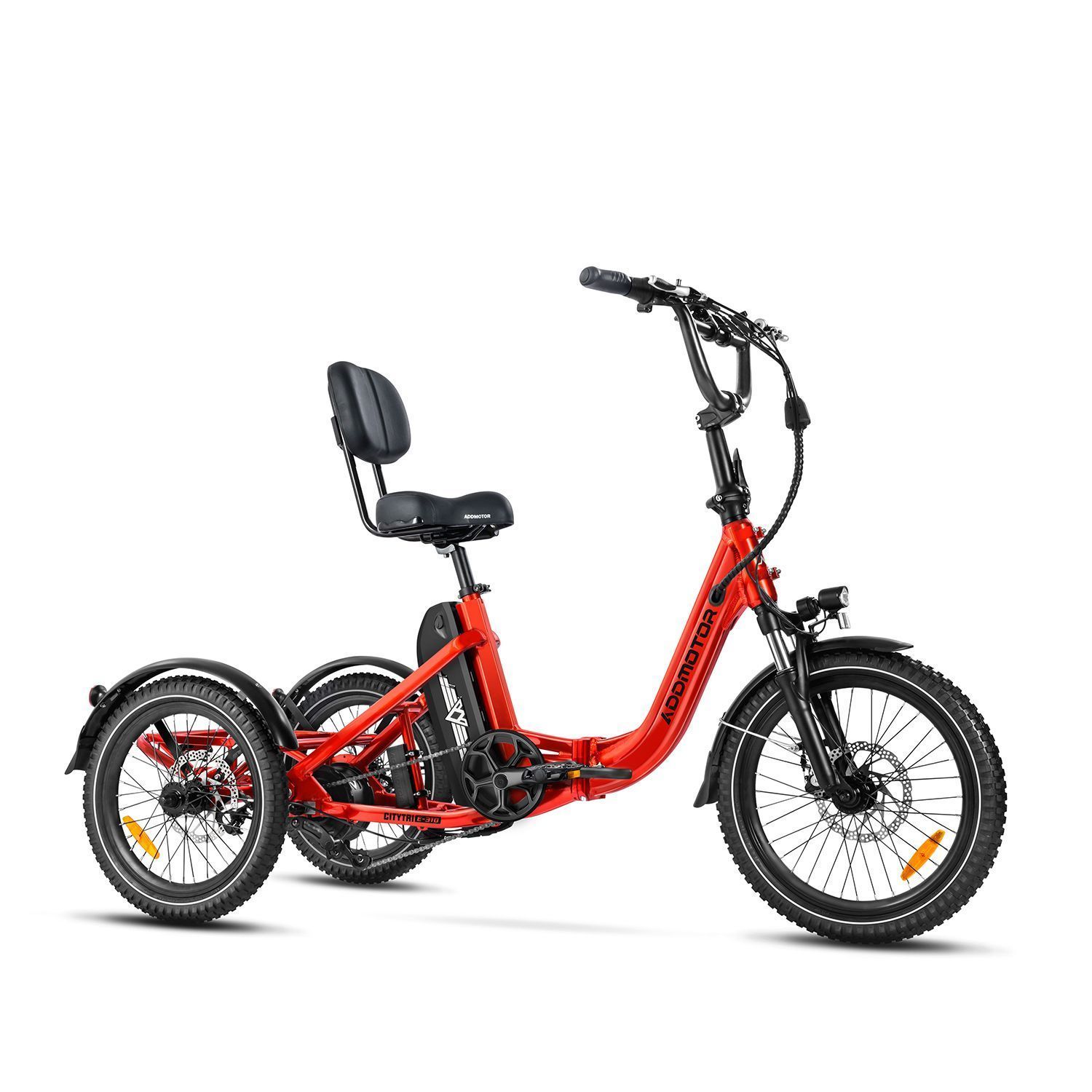 Red recumbent tricycle with black seat and handlebars on a white background