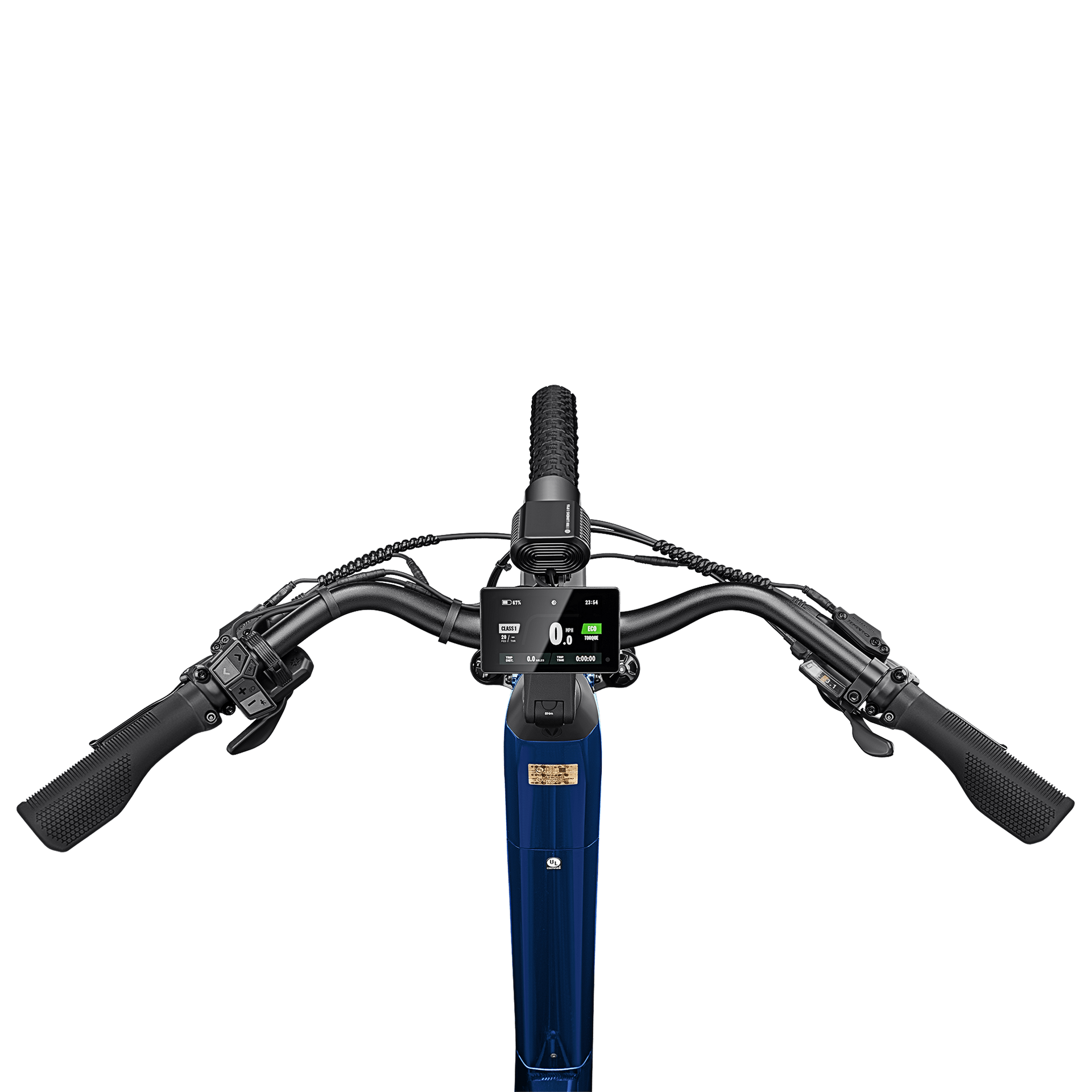 Front view of a blue electric scooter handlebar with black grips, display, and brake levers