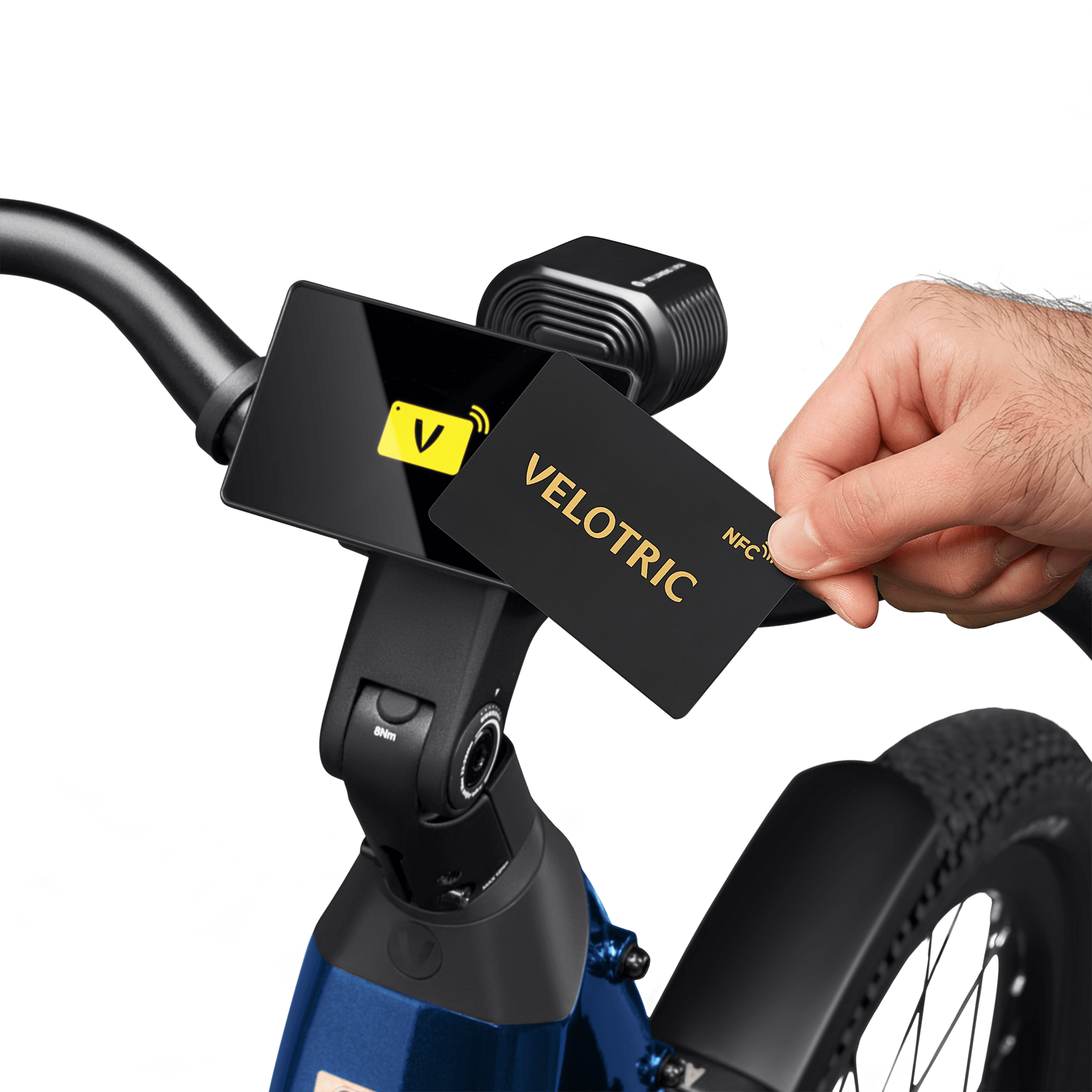 Hand placing a VELTORIC phone mount on a bicycle handlebar, with wheel visible