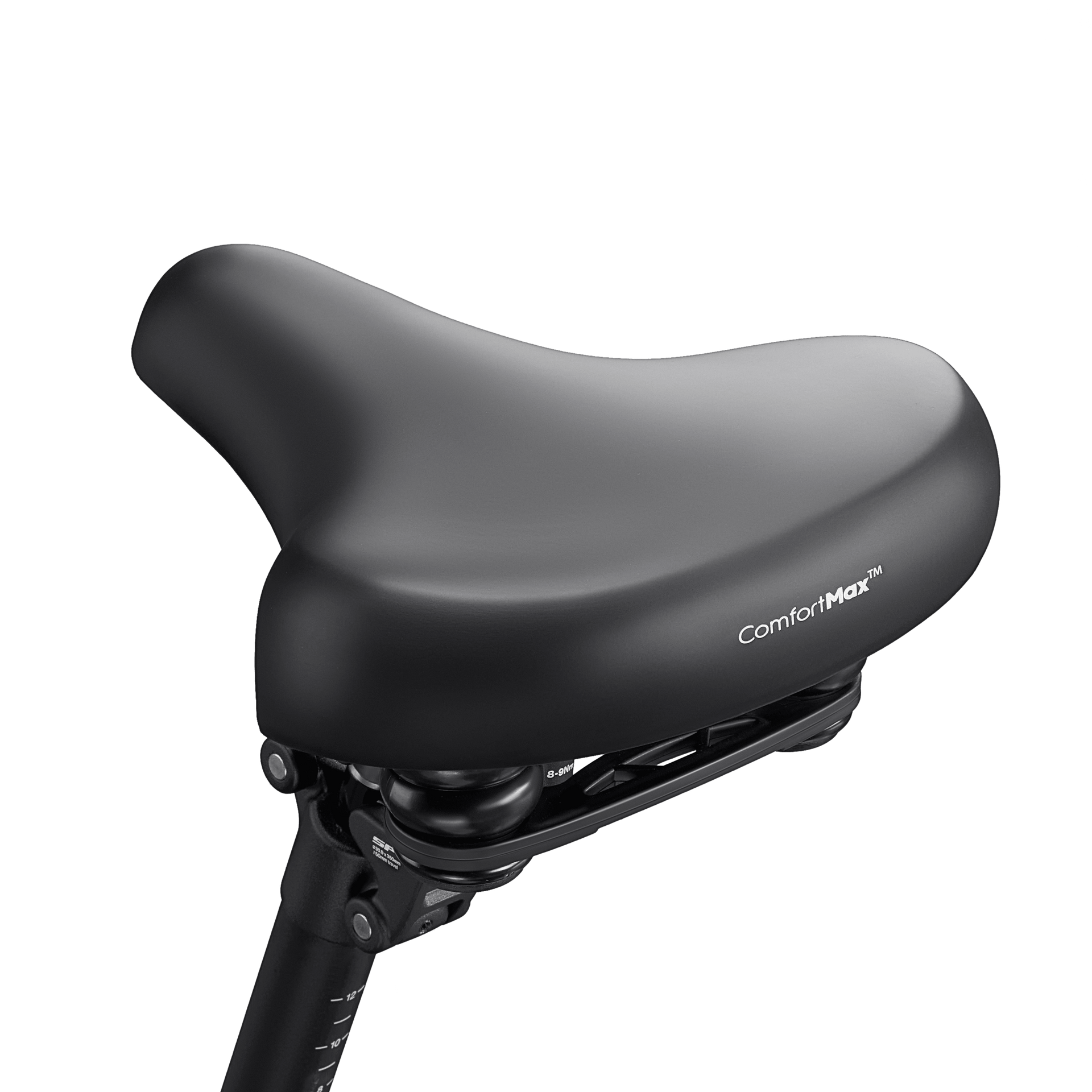 Black and gray bicycle saddle on a seat post against a white background