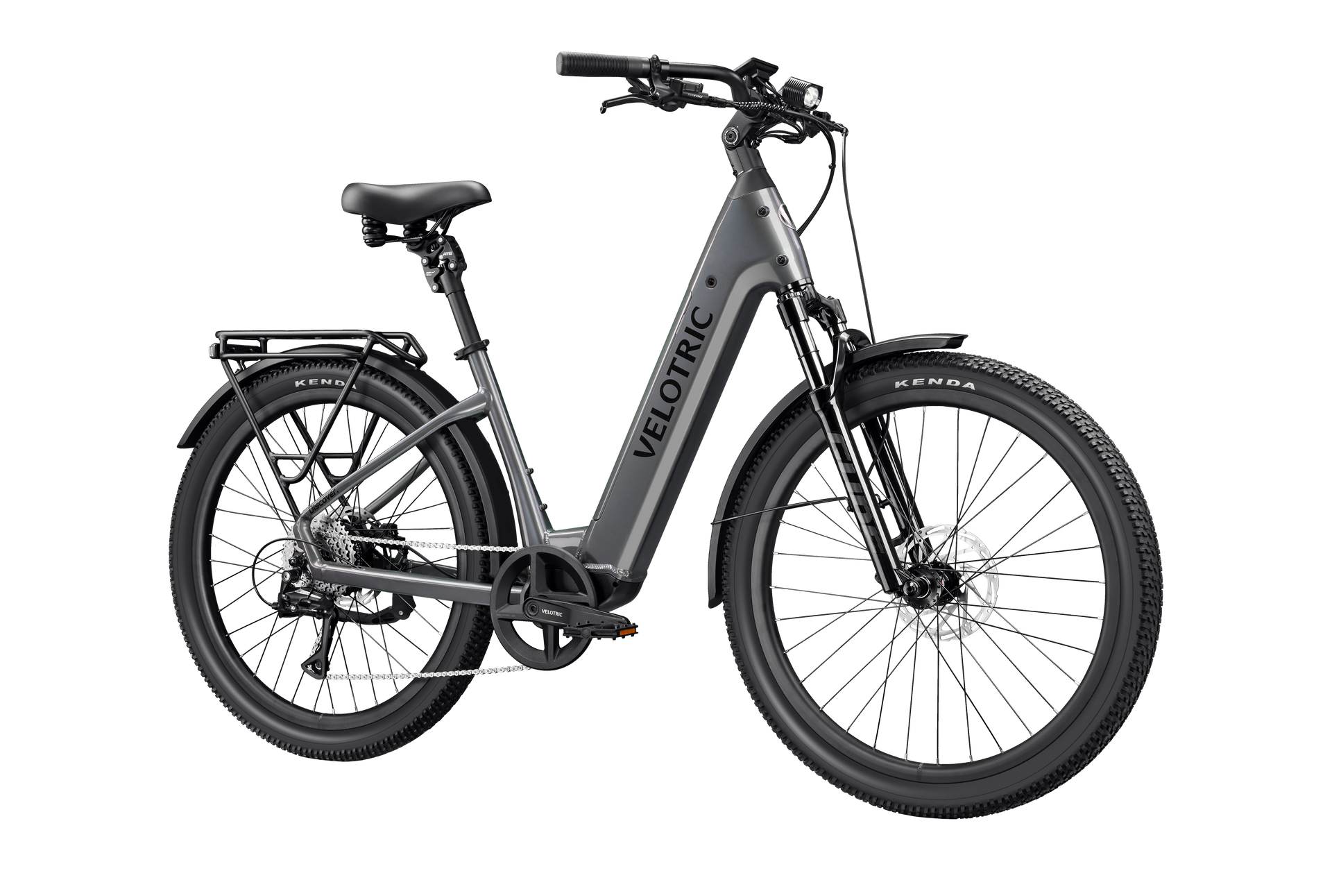Gray electric bicycle with rear cargo rack, front suspension, and black tires on a white background