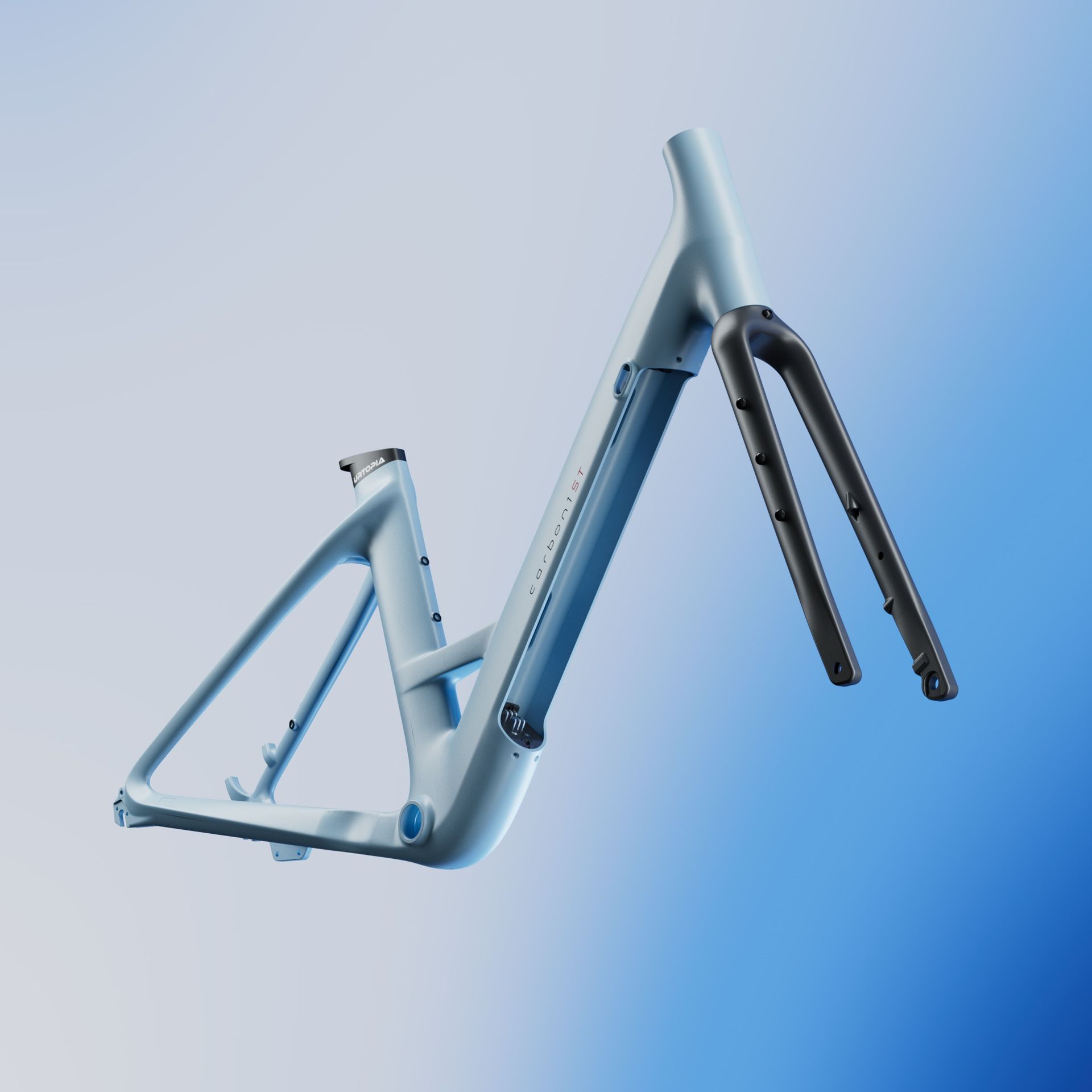 Blue bicycle frame and fork with handlebars on a light blue gradient background
