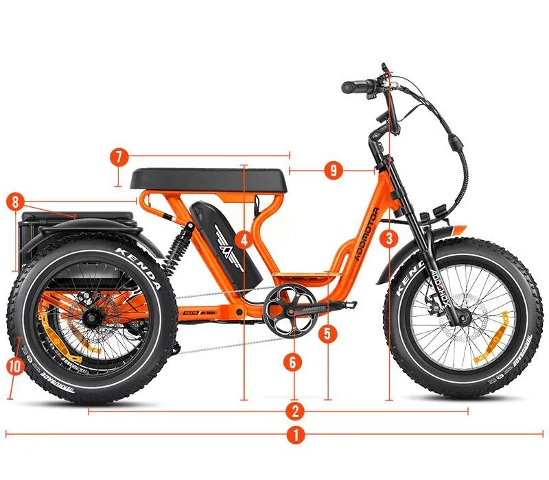 Orange cargo trike with black seat and front basket, side view on white background, labeled dimensions