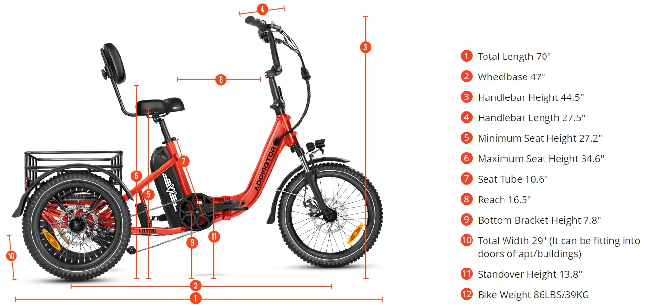 Red folding electric tricycle with rear cargo basket and front basket, shown in profile with feature labels.