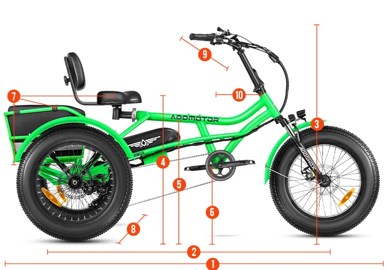 Green recumbent tricycle with measurements marked in orange and red