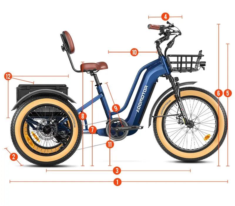Blue cargo tricycle with front basket, rear passenger seat, and two wheels on each side of the rear axle.