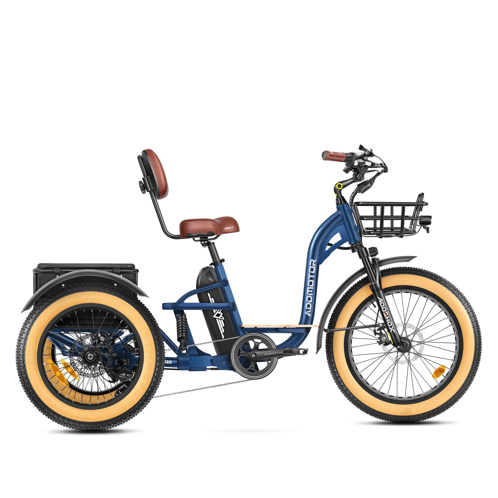 Blue electric tricycle with brown seat, rear cargo basket, and tan tires on a white background