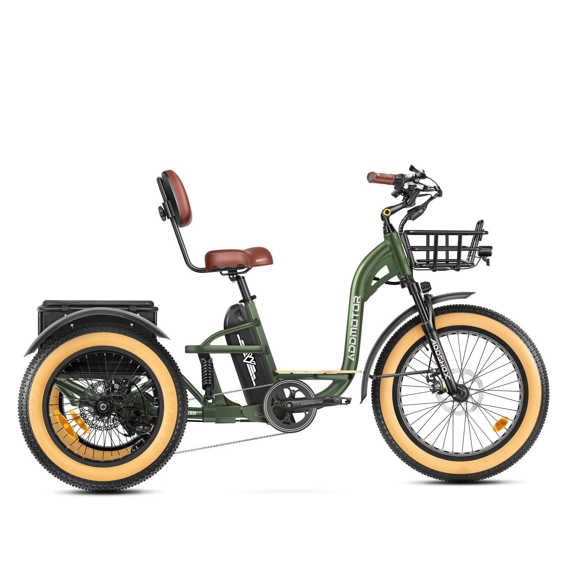 Green electric tricycle with tan seat and tires, rear cargo basket, and front basket on a white background