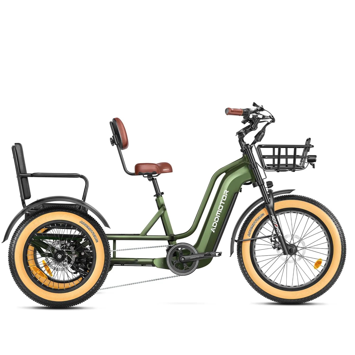 Green cargo tricycle with black rear basket, tan tires, and a small backrest seat on a white background