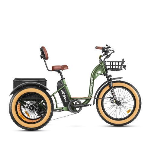 Green electric cargo trike with brown seat, front basket, and rear storage box on a white background