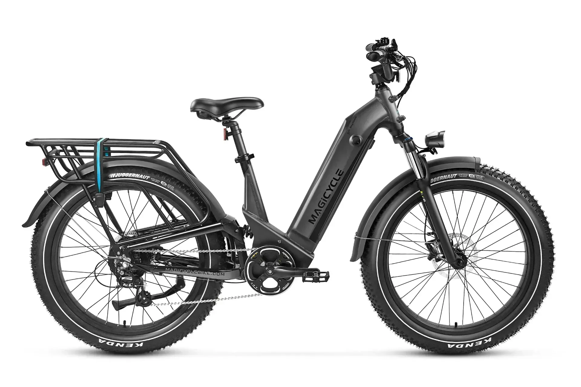 Black electric cargo bike with rear rack, front suspension, and fat tires on a white background