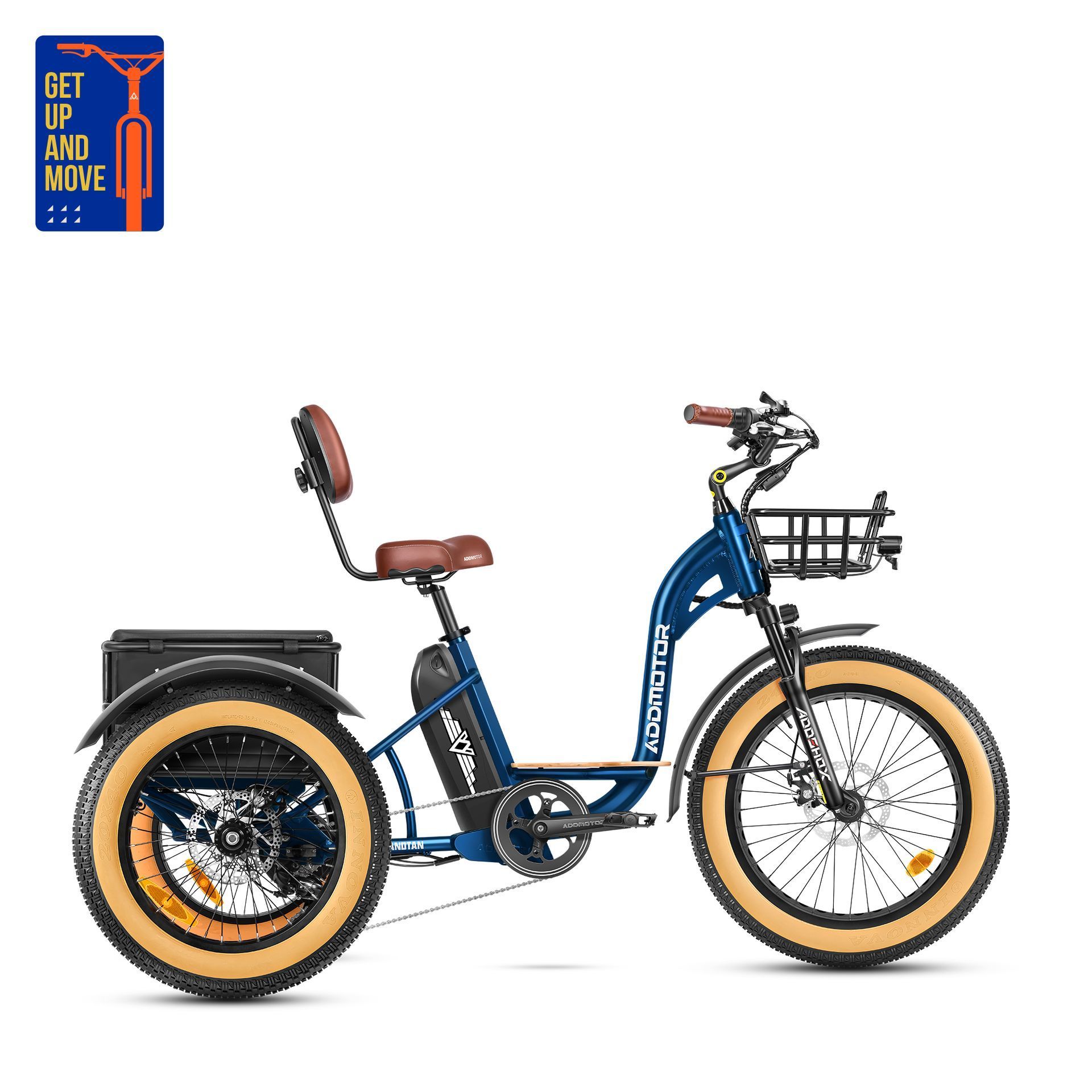 Blue electric trike with tan tires, rear cargo basket, and black rear storage box on a white background