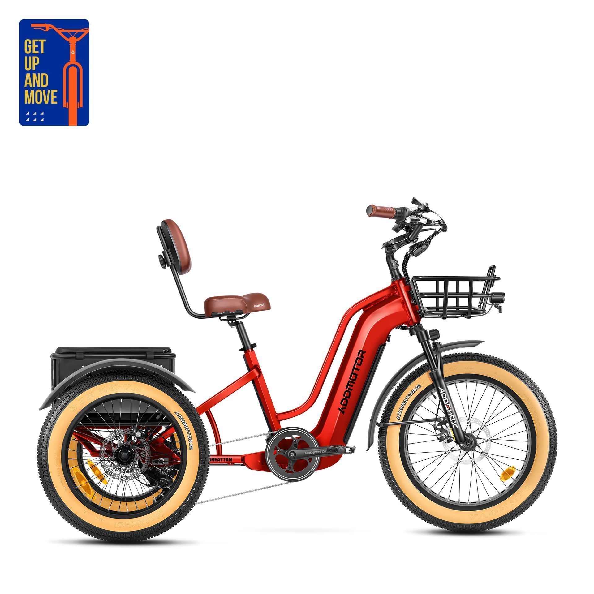 Red electric tricycle bike with black cargo basket and tan tires on a white background
