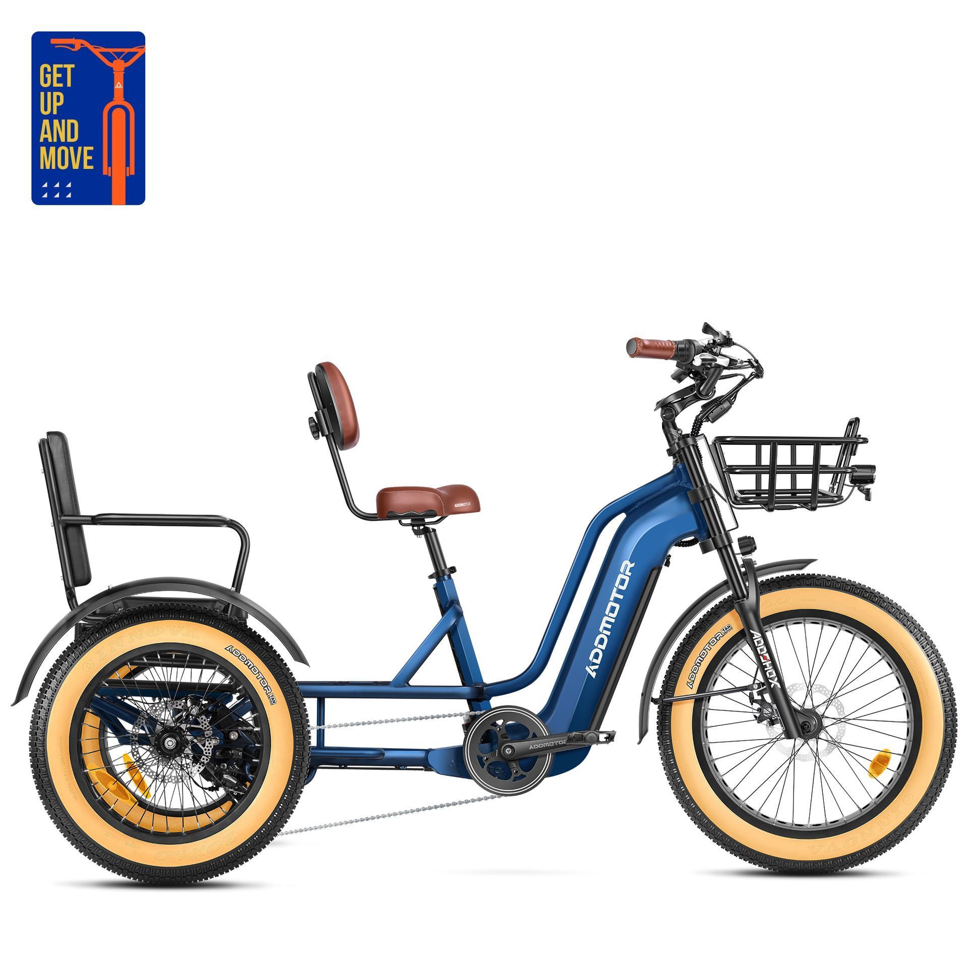 Blue cargo e-bike with tan tires, front basket, and rear seat on a white background