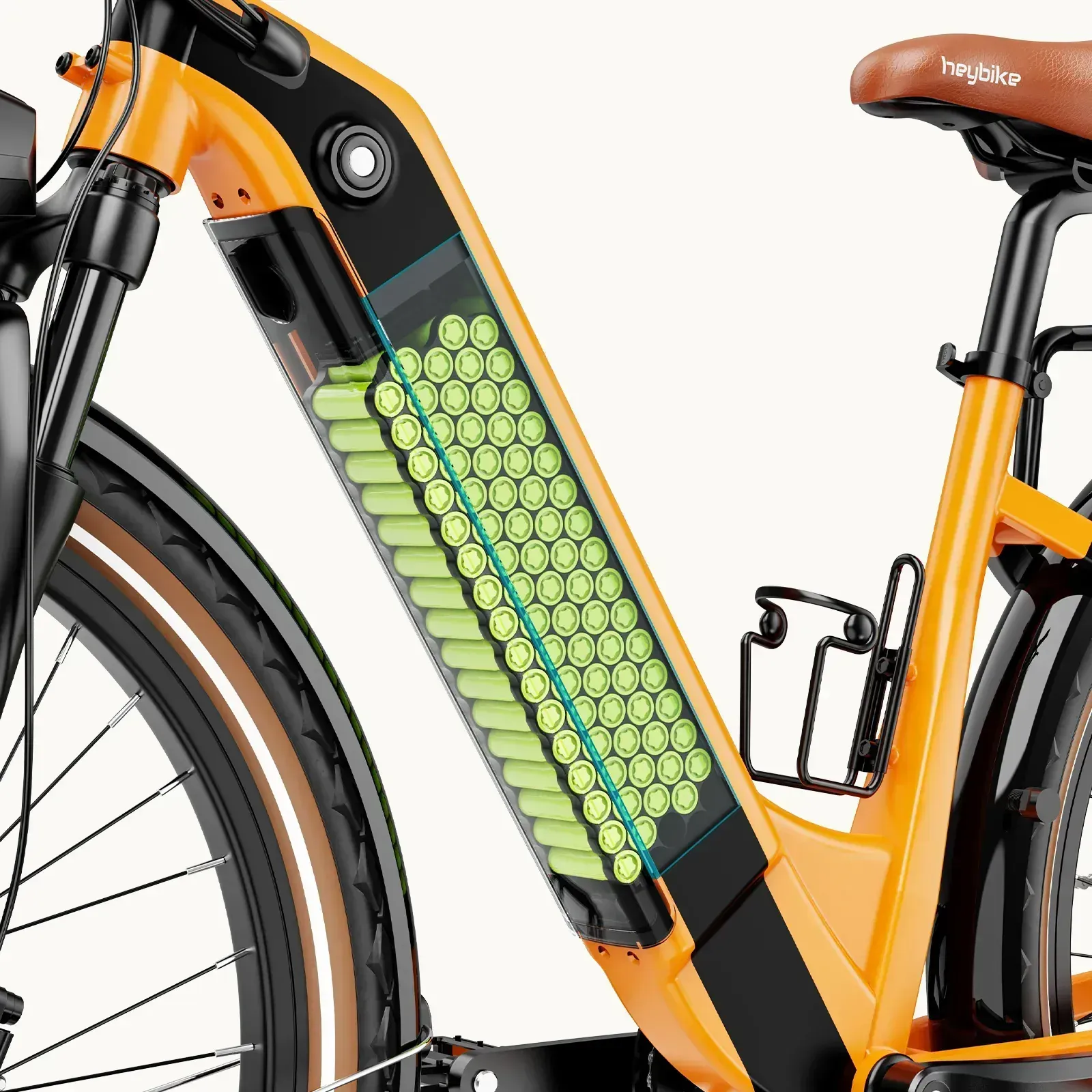Yellow electric bicycle with a large green battery pack mounted on the frame