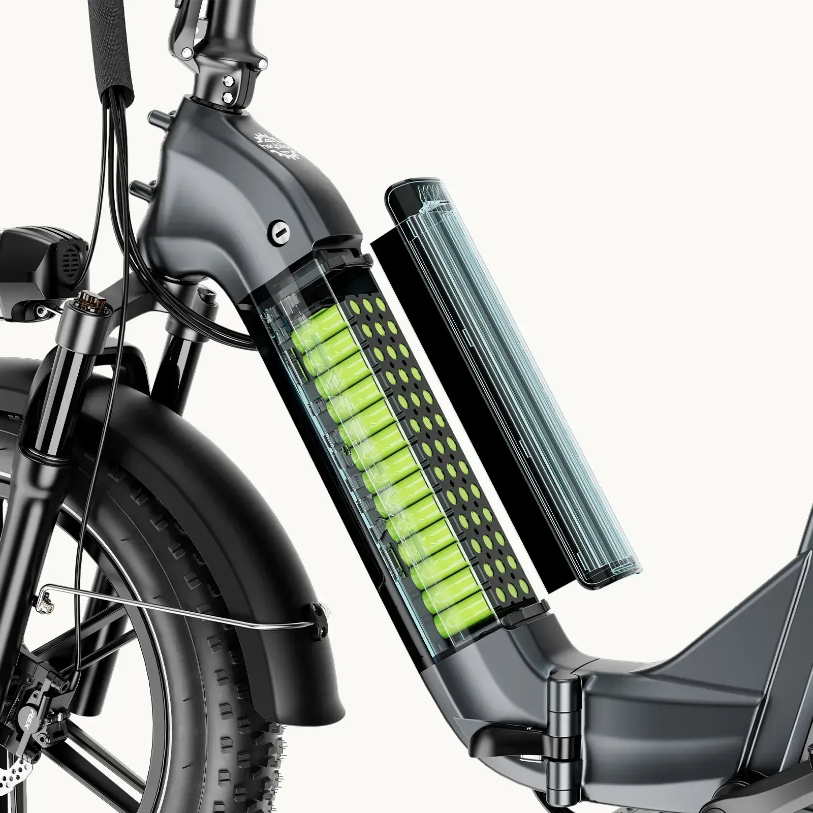 Electric scooter with a lime-green battery pack mounted on the frame, shown in close-up.