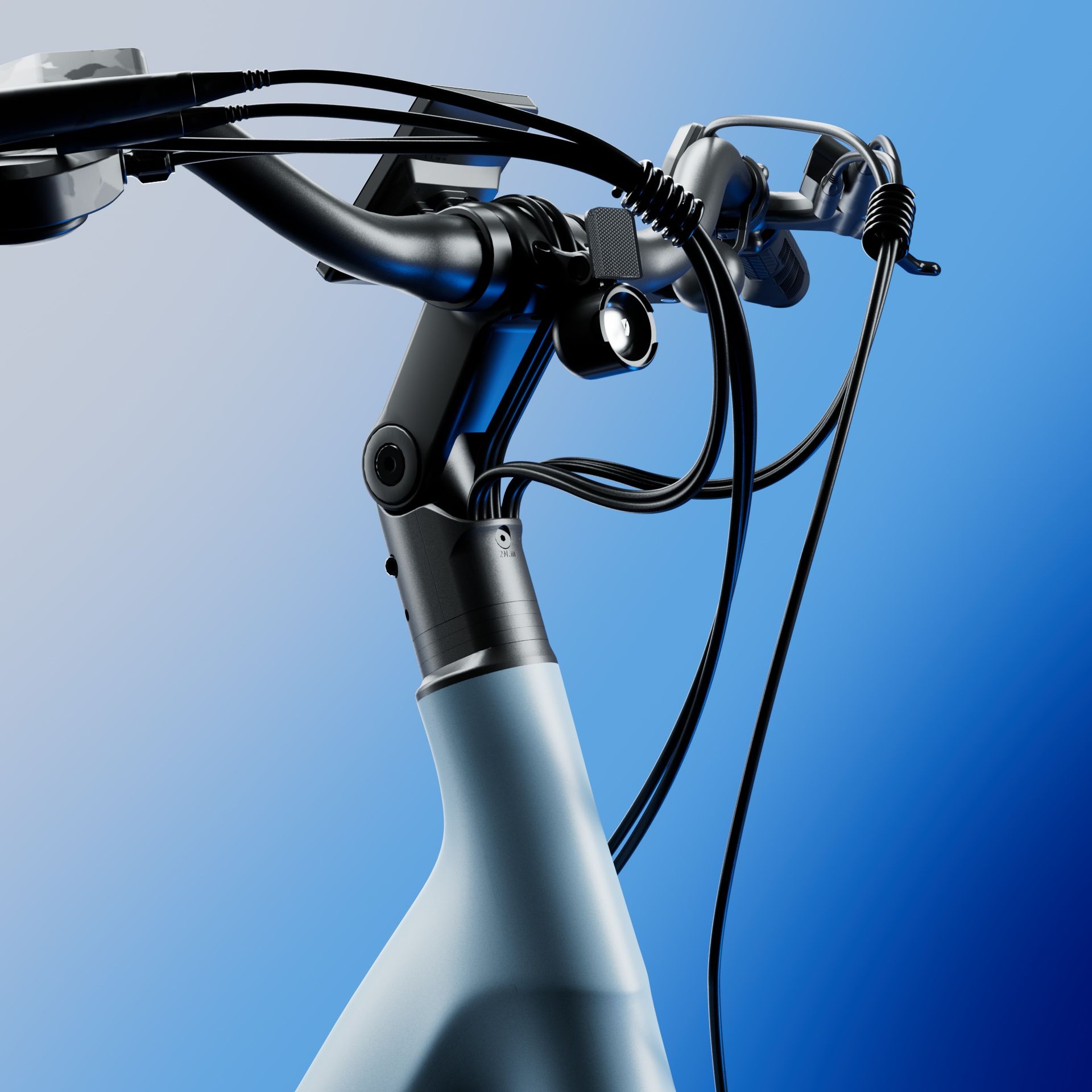 Close-up of a modern bicycle handlebar and stem with brake cables against a blue background