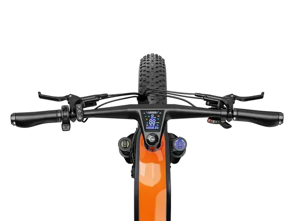 Top-down view of a mountain bike’s handlebars, front tire, and orange frame on a white background