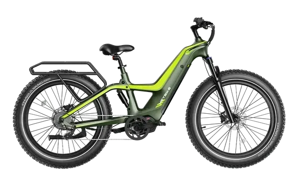 Green and black electric mountain bike with rear rack, shown in profile on a white background