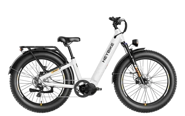 White electric fat-tire bike with rear cargo rack and black accents on a plain background