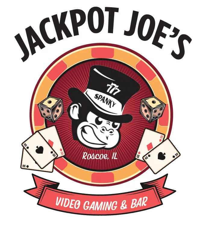 Jackpot Joe’s logo with card suits, dice, and a bartender graphic; “Video Gaming & Bar” in red and black.