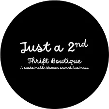Black circular logo for “Just a 2nd Thrift Boutique,” with “A sustainable woman owned business” text