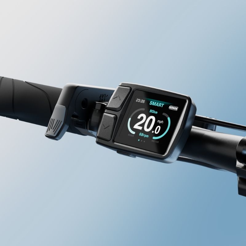 Bicycle handlebar display showing 20.0 in a sleek black digital dashboard